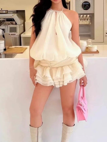 Sexy Cheong Folds Hanging Neck Sleeveless Chiffon Dress Girl Summer Fairy Pure Desire To Close The Waist Fluffy Skirt